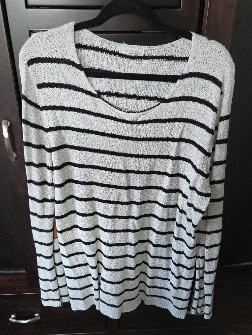 August Mist Cream Black Striped Open Stitch Lightweight Knit Sweater Sz XL